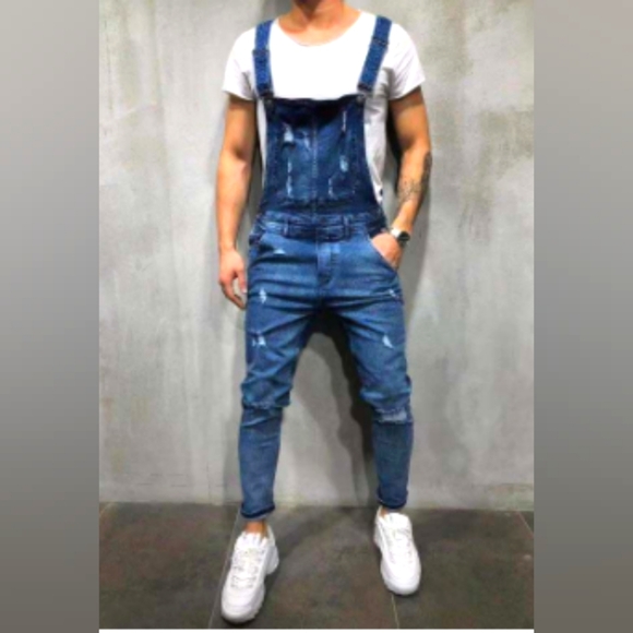 Men's Distressed Denim Overalls - Picture 3 of 4